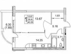 1-комнатная квартира 40,29 м²