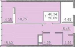 1-комнатная квартира 50,69 м²