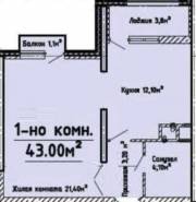 1-комнатная квартира 43,0 м²