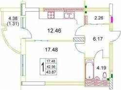 1-комнатная квартира 43,87 м²