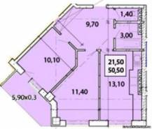 2-комнатная квартира 50,5 м²