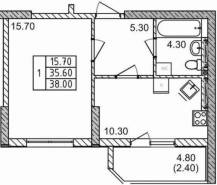 1-комнатная квартира 38,0 м²