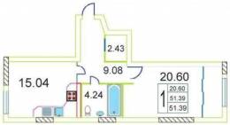 2-комнатная квартира 51,39 м²