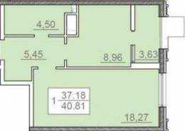 1-комнатная квартира 40,81 м²