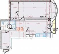 1-комнатная квартира 53,58 м²