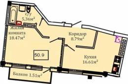 1-комнатная квартира 50,9 м²