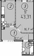 1-комнатная квартира 43,31 м²