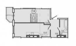 1-комнатная квартира 60,06 м²