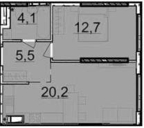 1-комнатная квартира 42,5 м²