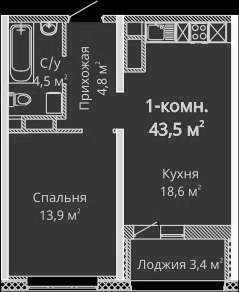 1-комнатная квартира 43,5 м²