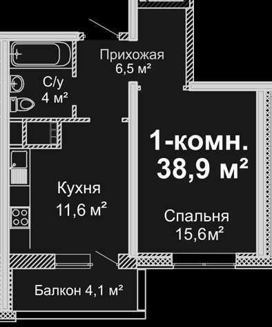 1-комнатная квартира 38,9 м²