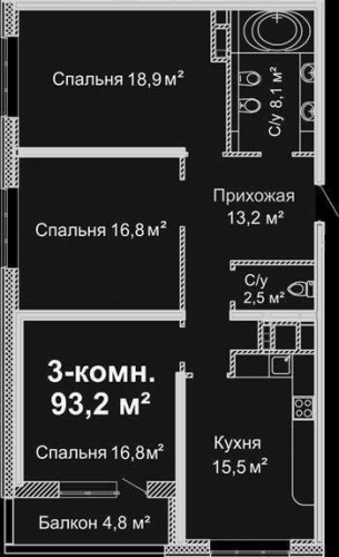 3-комнатная квартира 93,2 м²