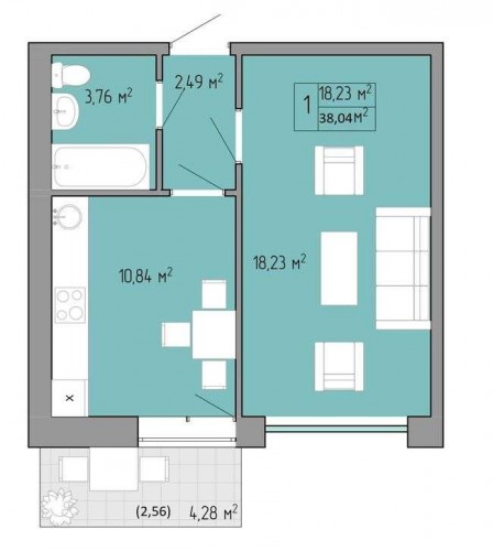 1-комнатная квартира 38,04 м²